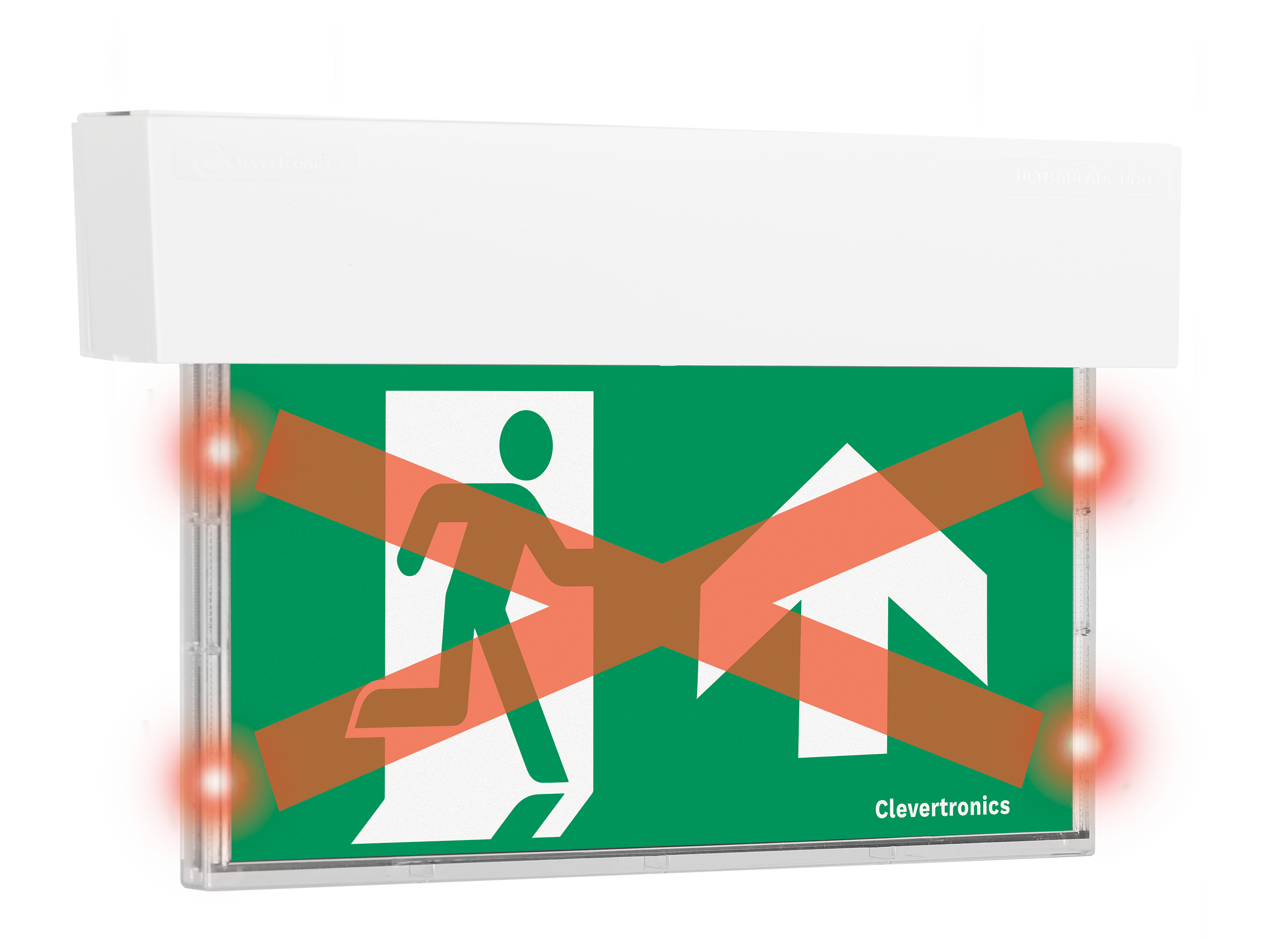 CleverEvac Dynamic Red X Exit, Ceiling Mount, CLP, Running Man Arrow Up, Single Sided